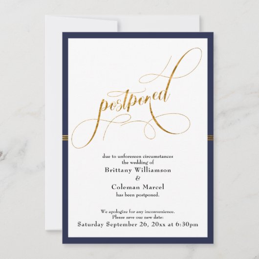 Hochzeitskarte für Elegante Marine und Gold Streif Einladung (Vorderseite)