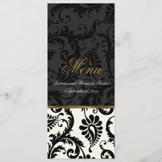 Hochzeitskarte für Elfenbein, Gold, Black Damask Menükarte (Vorderseite)