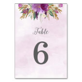 Hochzeitskarte für Gold und Lila-Blumen mit Tischn Tischnummer (Rückseite)