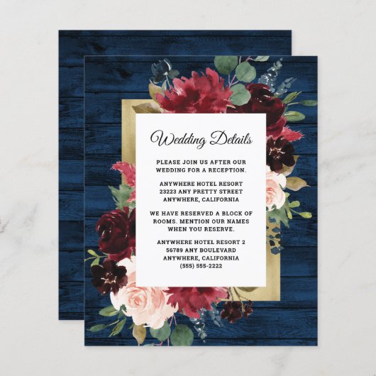 Hochzeitskarte für Navy Blue Burgundy Blush (Vorne/Hinten)