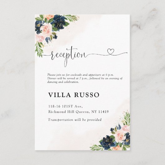 Hochzeitskarte für Navy & Blush Pink Floral Begleitkarte (Vorderseite)