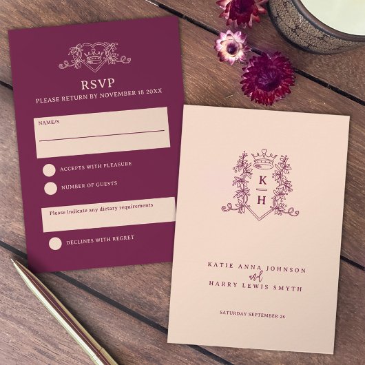 Hochzeitskarte für Pfirsich und Weinkronen RSVP Karte