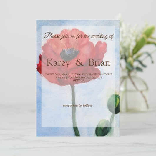 Hochzeitskarte für Red Poppy Watercolor Einladung (Stehend Vorderseite)