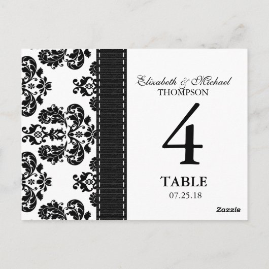 Hochzeitskarte für Schwarz-Weiß-Damast-Tischnummer Postkarte (Rückseite)