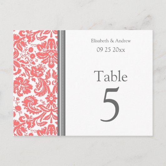 Hochzeitskarte Grau Coral Tischnummer (Vorderseite)