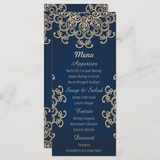 Hochzeitskarte im indischen Stil für Marine und Go Menükarte (Vorne/Hinten)