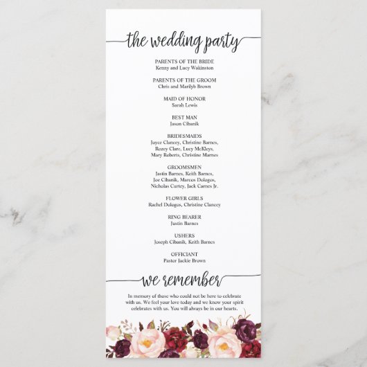 Hochzeitskarte in rustikaler Kalligrafie Programm (Rückseite)