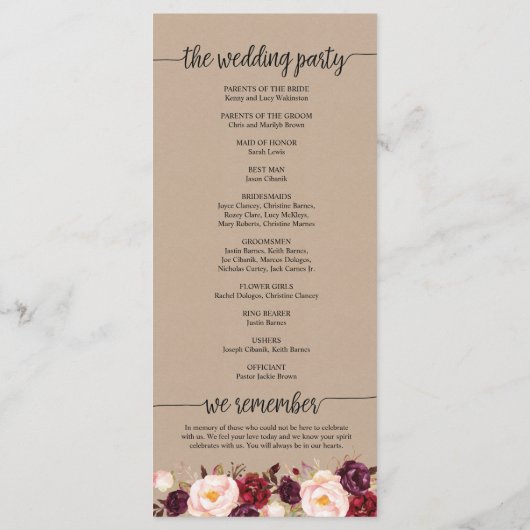 Hochzeitskarte in rustikaler Kalligrafie Programm (Rückseite)