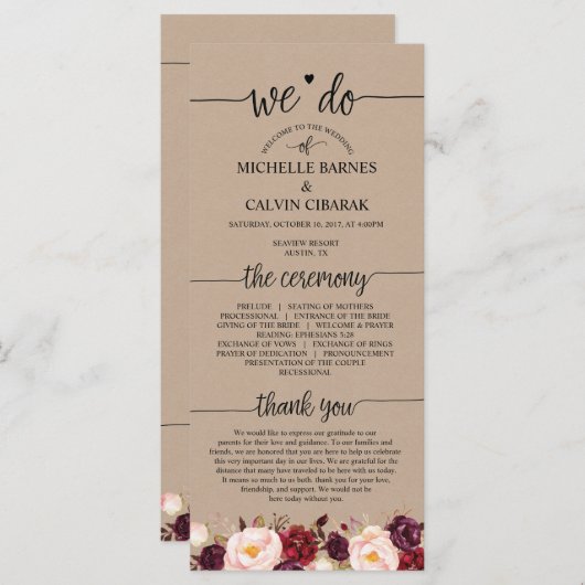 Hochzeitskarte in rustikaler Kalligrafie Programm (Vorne/Hinten)