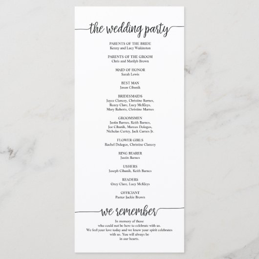 Hochzeitskarte in rustikaler Kalligrafie Programm (Rückseite)