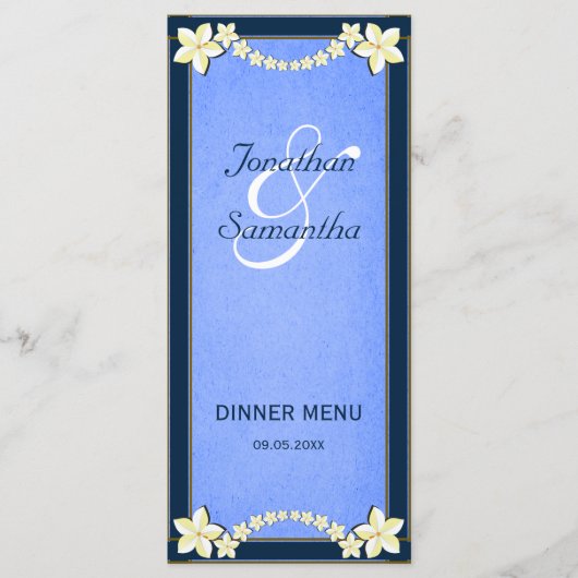 Hochzeitskarte mit blauer Blume Menükarte (Vorderseite)