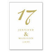 Hochzeitskarte mit weißem und goldenem Drehbuch Tischnummer (Vorderseite)