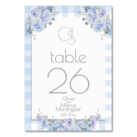 Hochzeitskarte | Monogram Blue Floral BOHO Tischnummer (Vorderseite)