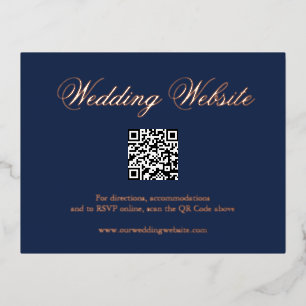 Hochzeitskarte Navy Blue Rose Gold QR Code Folie Einladungspostkarte
