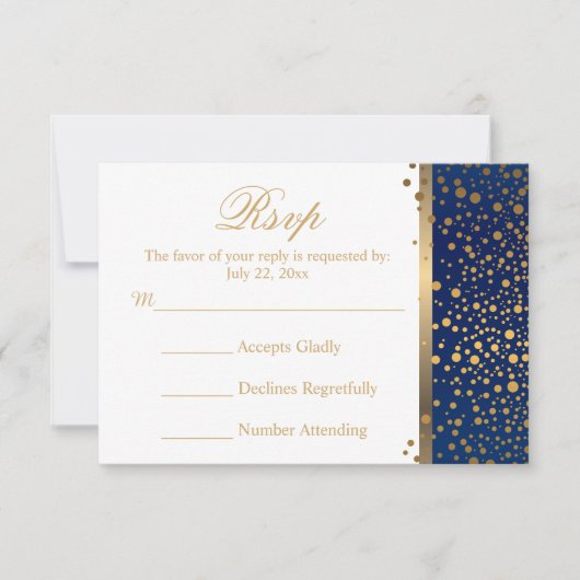 Hochzeitskarte RSVP Navy und White mit Gold Dots (Vorderseite)
