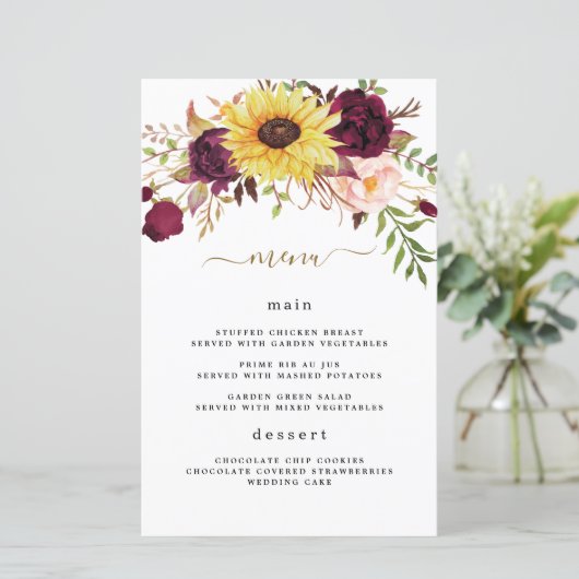 Hochzeitskarte Sonnenblume Burgundy Red Blush (Stehend Vorderseite)