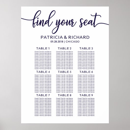 Hochzeitskarte Tafel Chic Navy Blau Poster (Vorne)