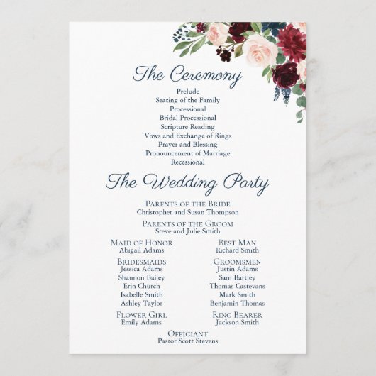 Hochzeitskarten der Marine und des Marsala Floral Programm (Rückseite)