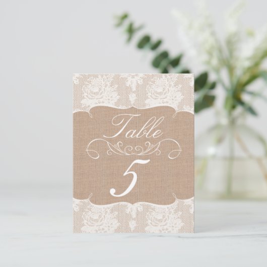 Hochzeitskarten für Burlap & Lace Print Tischnumme Postkarte (Stehend Vorderseite)