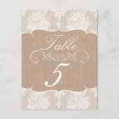 Hochzeitskarten für Burlap & Lace Print Tischnumme Postkarte (Vorderseite)