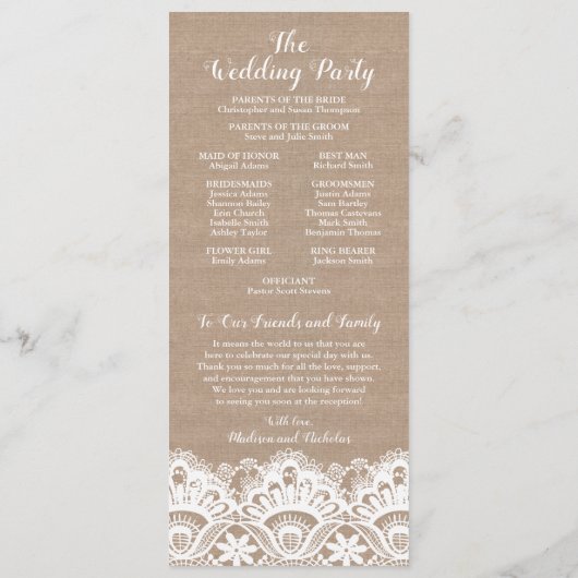 Hochzeitskarten für Burlap und Lace, rustikal Programm (Rückseite)