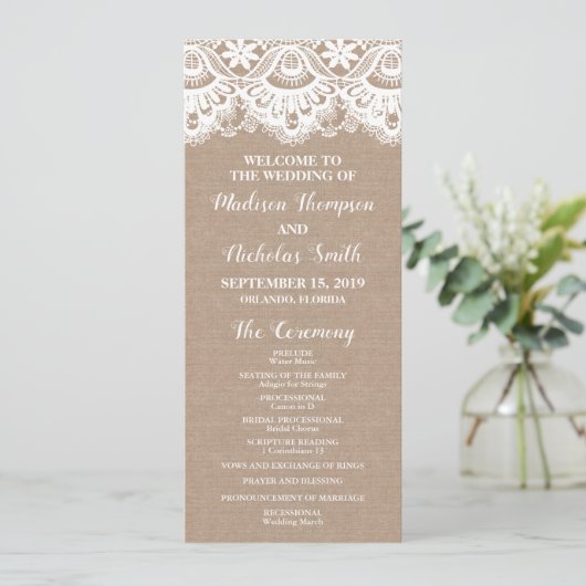 Hochzeitskarten für Burlap und Lace, rustikal Programm (Stehend Vorderseite)