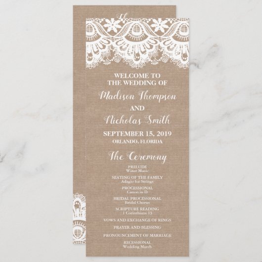 Hochzeitskarten für Burlap und Lace, rustikal Programm (Vorne/Hinten)