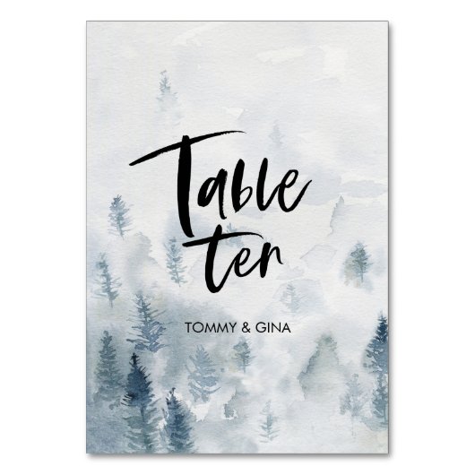 Hochzeitskarten für den Wasserfarbenwald - Tabelle Tischnummer (Vorderseite)