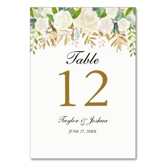Hochzeitskarten für Gold Floral Leaf Watercolor Tischnummer (Vorderseite)