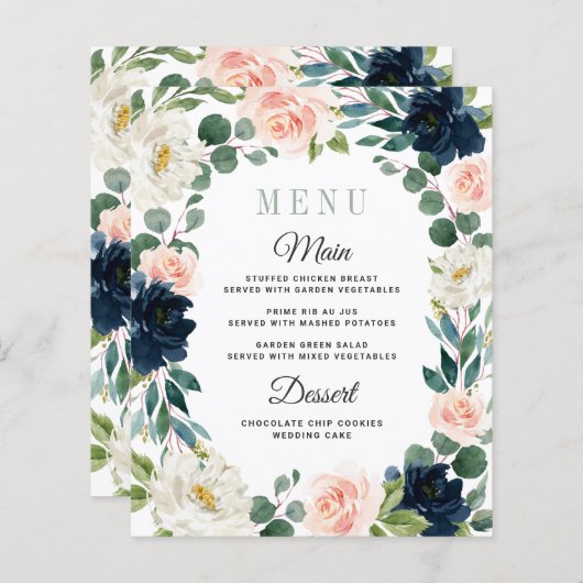 Hochzeitskarten für Hochzeitsmenüs in Navy und Blu (Vorne/Hinten)