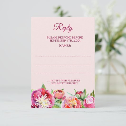 Hochzeitskarten für hübsche Peonies RSVP Karte (Stehend Vorderseite)