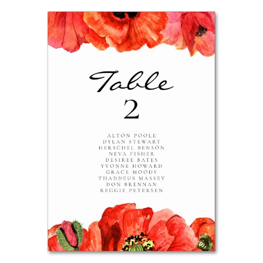 Hochzeitskarten für Rote Mohnblumen Tischnummer (Vorderseite)
