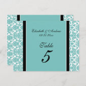 Hochzeitskarten für Tischnummer Aquamarin Damask (Vorne/Hinten)