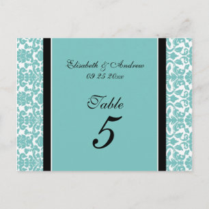 Hochzeitskarten für Tischnummer Aquamarin Damask