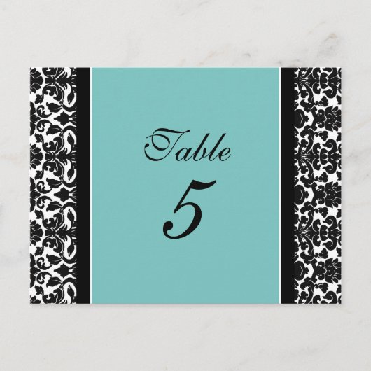 Hochzeitskarten für Tischnummer Aquamarin Damask (Vorderseite)