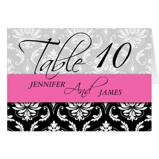 Hochzeitskarten für Tischnummer Damask Hot Pink (Vorderseite (Horizontal))