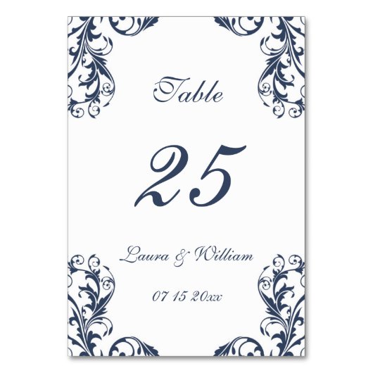 Hochzeitskarten für Tischnummer | Navy Damask Desi (Vorderseite)