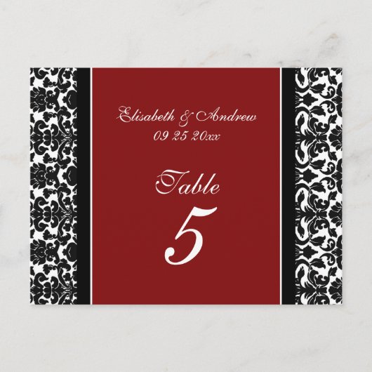 Hochzeitskarten für Tischnummer Red Damask (Vorderseite)