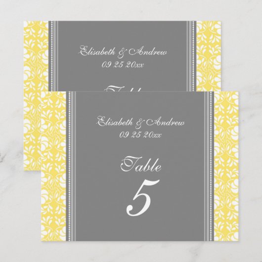 Hochzeitskarten Lemon Gray Damask Tischnummer (Vorne/Hinten)