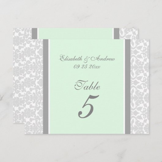 Hochzeitskarten Minze Grau Damask Tischnummer (Vorne/Hinten)