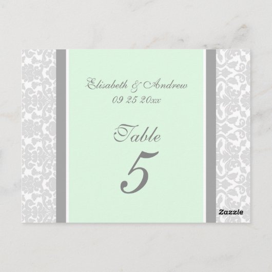 Hochzeitskarten Minze Grau Damask Tischnummer (Rückseite)