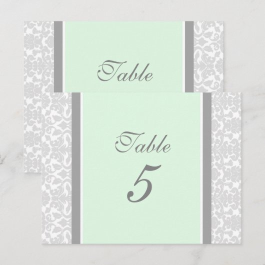Hochzeitskarten Minze Grau Damask Tischnummer (Vorne/Hinten)