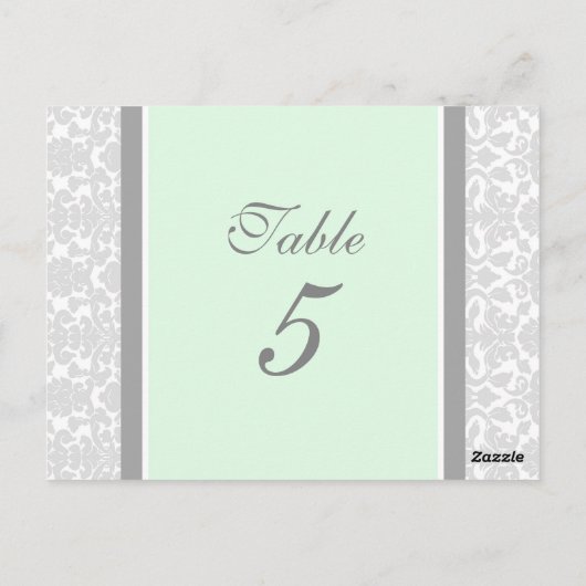 Hochzeitskarten Minze Grau Damask Tischnummer (Rückseite)