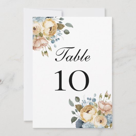 Hochzeitskarten mit blühender Tischnummer aus Blau (Vorderseite)