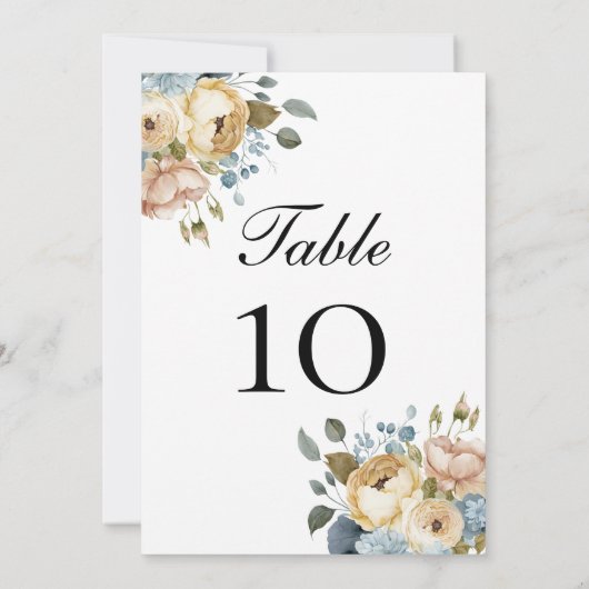 Hochzeitskarten mit blühender Tischnummer aus Blau (Rückseite)