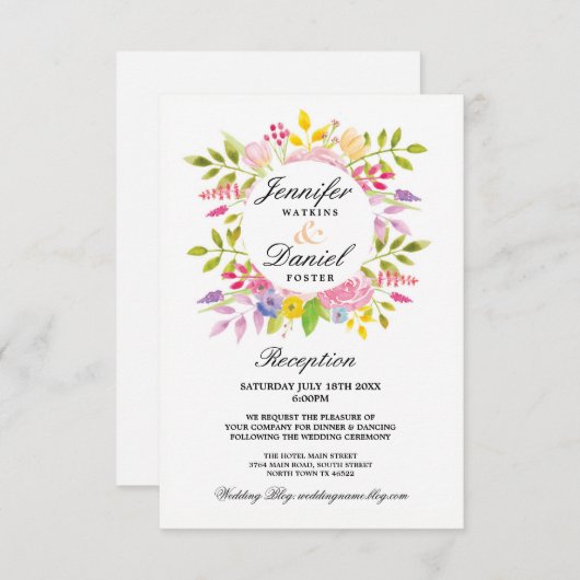 Hochzeitskarten mit rosa Blumenkranz Einladung (Vorne/Hinten)