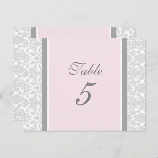 Hochzeitskarten Tischnummer Rosa Grau Damask (Vorne/Hinten)