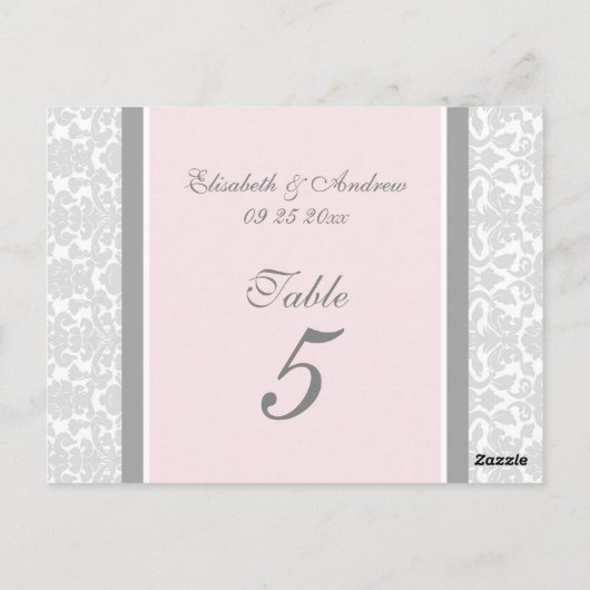 Hochzeitskarten Tischnummer Rosa Grau Damask (Rückseite)