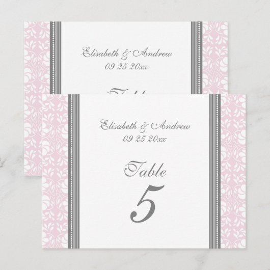Hochzeitskarten Tischnummer Rosa Grau Damask (Vorne/Hinten)