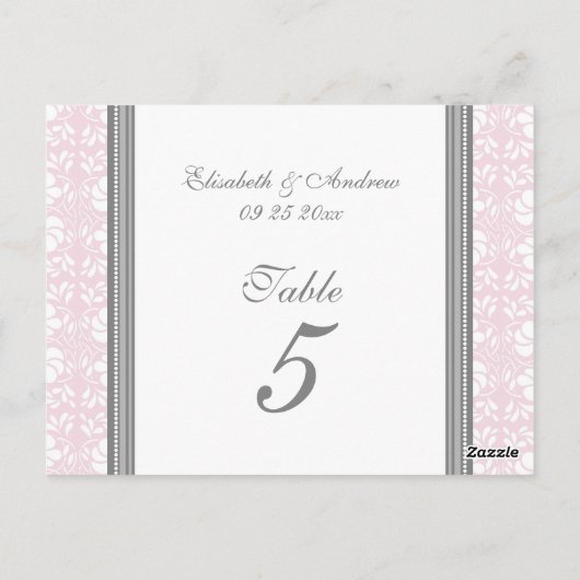 Hochzeitskarten Tischnummer Rosa Grau Damask (Rückseite)